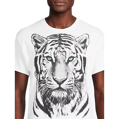 Humor Mens White Tiger Print Graphic T-Shirt Black Blue Eyes Animal Size L Large • $19.99