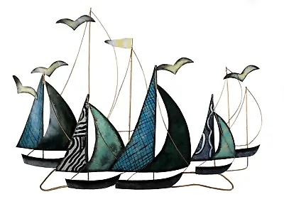 Contemporary Metal Wall Art Sculpture GREEN Sailing Boat At Sea 71 Cm Wide New • £52.97