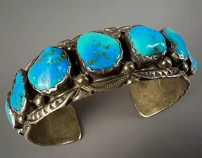 Vintage Navajo Gem Grade Vivid Blue Turquoise Sterling Silver Cuff Bracelet 😮 • $362