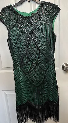 FLAPPER DRESS Green Black Beaded Sequins Fringe Gatsby 20s Medium M Babeyond • $29.99