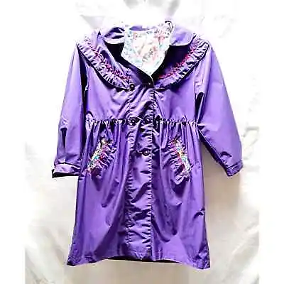 Vtg Girls Purple Floral Removeable Hooded Button Up Rain Coat Pockets 8 • $28