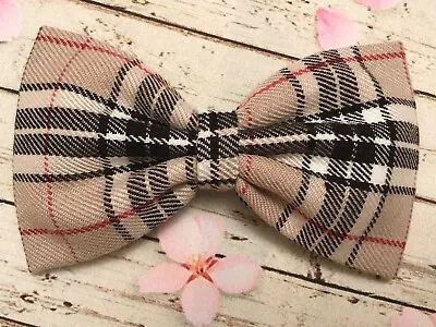 Handmade 4  Beige  Tartan Plaid Check Fabric Bow Hair Clip Grip Retro Girls • £3.99