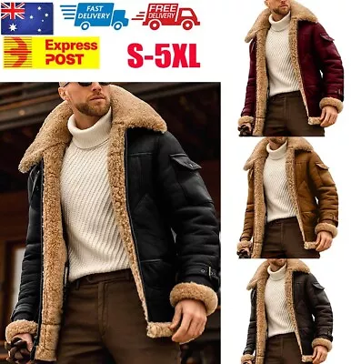 Mens Aviator Pilot Fur Bomber Jacket Leather Warm Fur Suede Collar Coat Outwear • $46.54