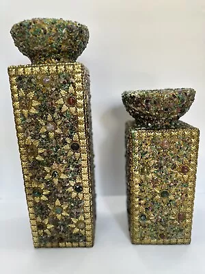 Handcrafted Candle Holders Natural Stones Gold Set Of 2 Vintage Rare • $94
