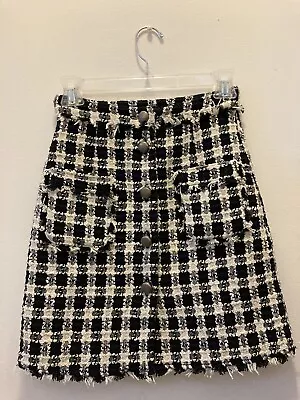 $21 • Buy Zara Basic Tweed Button Navy Blue Plaid Skirt Women Size XS