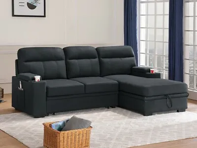 2pc Black Sectional Sofa W Pull-Out Bed Right-Facing Chaise Storage Arms Pocket • $1185