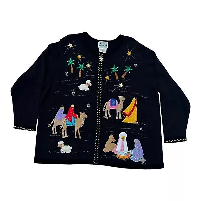 Quaker Factory Black Nativity Christmas Mary Joseph Baby Jesus Sweater Vtg 2X  • $79.97