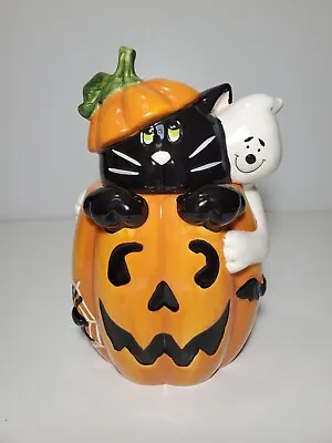 Davids Cookies Jack O Lantern Cookie Jar Black Cat Ghost Halloween Pumpkin  • $25