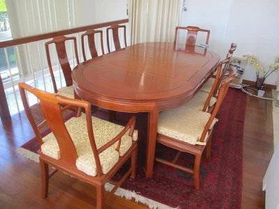 $500 • Buy ASIAN STYLE WOODEN EXTENDABLE DINING TABLE & X8 CHAIRS 202cm LONG CUSHIONS VGC