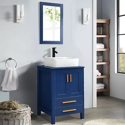 24'' Bathroom Vanity 2 Drawers Cabinet Vessel Sink Basin Faucet With Mirror Blue • $289.99