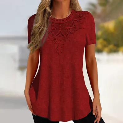 Plus Size Womens Lace Short Sleeve Tunic Tops Ladies Loose Floral T Shirt Blouse • £11.29