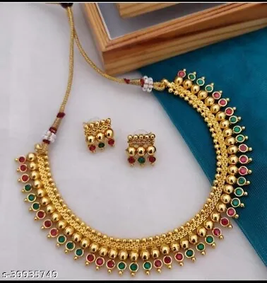 $17.99 • Buy South Indian Bollywood Matte Golden Layer Temple Choker Necklace Jewelry Set A20