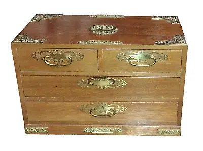 Oriental Style Jewelry Box Treasure Chest Wood & Brass Trim 4 Drawers Lock & Key • $89.99