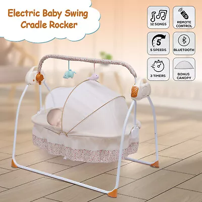 Baby Cradle Swing Bluetooth Electric Rocking Music Remote Control Basket Bed+Mat • £76