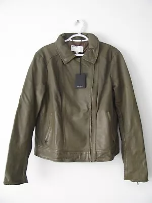 MUUBAA LONDON Olive Green Leather Moto Jacket 12 US New W/ Defects • $101.77