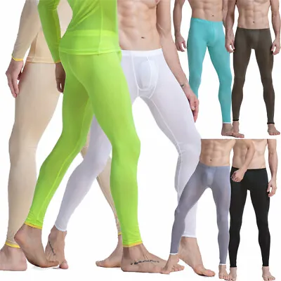$14.99 • Buy Mens Ice Silk Smooth Bulge Pouch Long Johns Tight Pants Basic Leggings Underwear