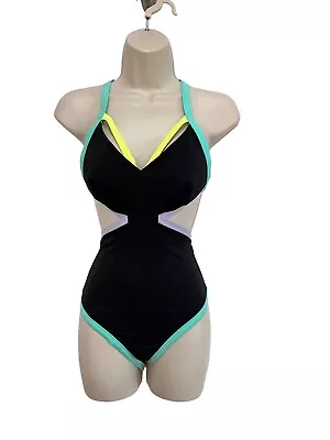 Victoria's Secret Black & Pastel Strappy Monokini One Piece Swimsuit Sz M • $28.95