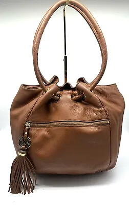 Michael Kors Cognac Brown Bucket Shoulder Bag Handbag Charm Tassel Leather • $74.99