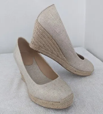 J Crew Seville Espadrilles Wedges Tan Cream Canvas Size 9 Slip On • $29.99