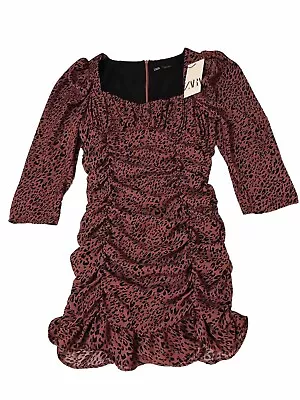 Zara Cheetah Leopard Print Dress Women Medium Ruched Body Puff 3/4 Sleeves Short • $28.80