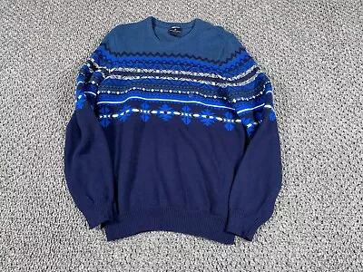 Icelandic Geometric Pattern Sweater Adult Large Tall Slim Dark Blue Chunky Knit • $22