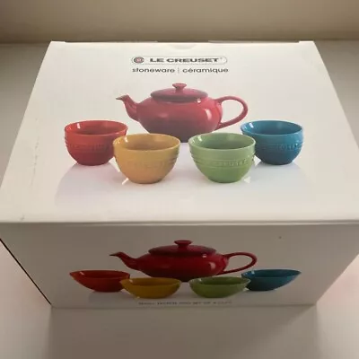 Le Creuset Rainbow Tea Set 1 Tea Pot & 4 Cups 5 Color Set Stoneware New In Box • £143.67