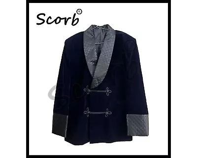 Men's Navy Blue Velvet Quilted (Black) Scorb Smoking Jacket All Sizes • £64.99