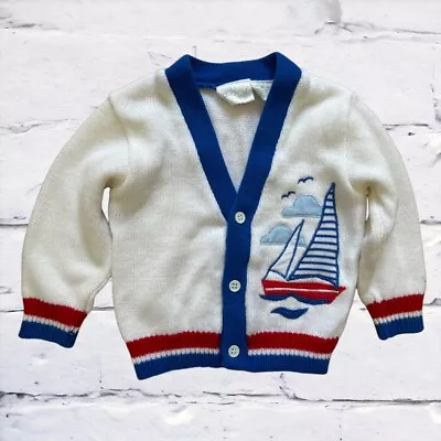 Vintage Croissant Knit Baby Varsity Sweater 12 Mo Sailboat Acrylic • $14.50