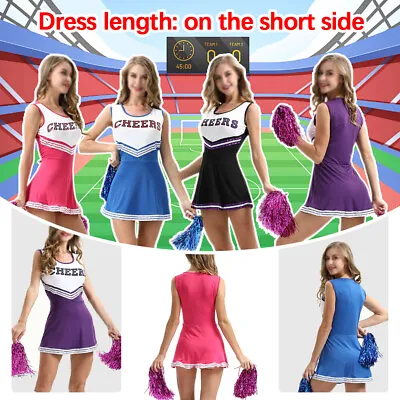 Cheerleader Fancy Dress Outfit Uniform High School Cheer Costume With Pom Poms. • £6.89