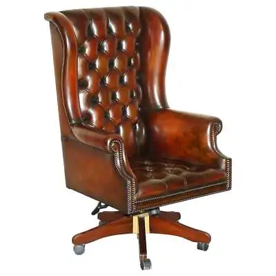 Vintage Harrods London Brown Leather Wingback Captains Directors Swivel Chair • $3543.55