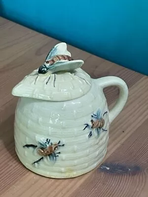 Vintage Ceramic Bee Honey Pot W/cover Yellow Honey Comb Pattern With Bees • $18.40