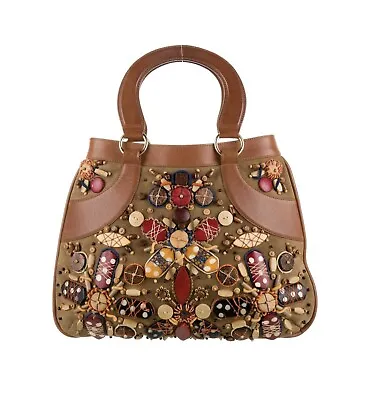 OSCAR DE LA RENTA HANDBAG Brown Leather/suede BEADED ON BOTH SIDES • $425