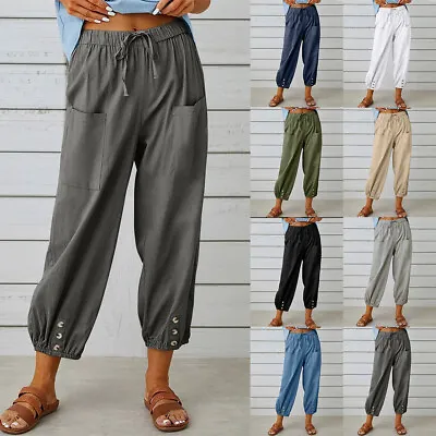 Womens Cotton Linen Cropped Harem Pants Summer Combat Cargo Wide Leg Trousers • £11.69