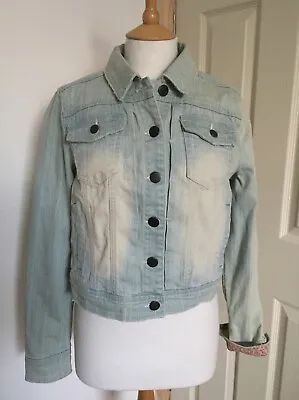 La Redoute Faded Light Blue Denim Jacket Ditsy Floral Cotton Contrast UK10 BNWT • £20