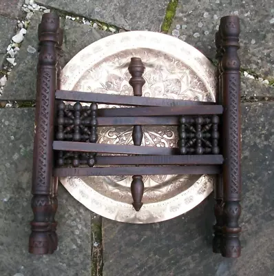 Antique Islamic  Carved And Inlaid  Folding Side Table With Brass Tray Top • $119.92