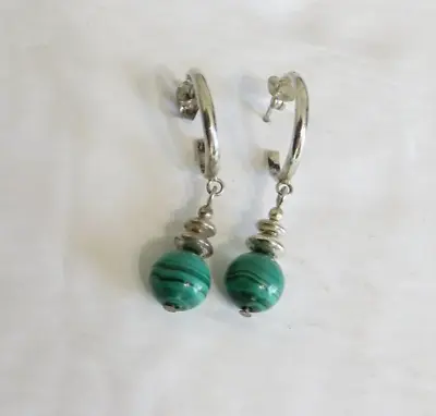 Sterling Silver Hoop Dangle Green Malachite Earrings • $18.89