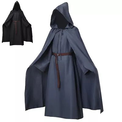 Mens Halloween Costume Sorcerer Robe Medieval Wizard Renaissance Hooded Cloak • $43.19