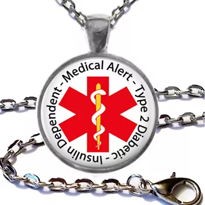 Type 2 Diabetic Insulin Dependent Medical Alert Necklace Glass Top Pendant Chain • $13.50