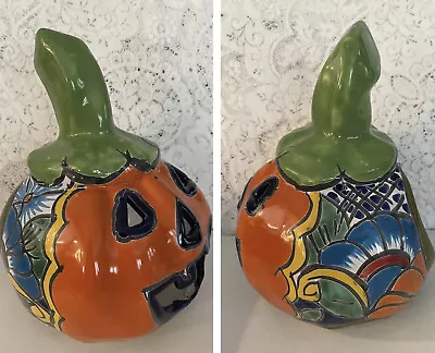 Talavera Pottery Pumpkin Jack O Lantern Halloween Mexican Folk Art Candle Holder • $17.99