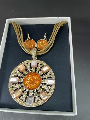 NIB Mixit Necklace Pendant & Earrings Set Orange Cord Gold Tone SPARKLY   DS46 • $10