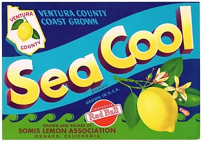 Genuine Lemon Crate Label Vintage Oxnard Sea Cool Somis Ventura County Map 1930  • $18.95