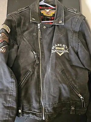 Vintage Harley Davidson Black Canvas Jacket Size Medium V Twin Patch Zipper Slee • $44