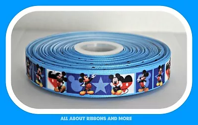 7/8 Inch  Mickey Mouse With Stars On Blue Grosgrain Ribbon- 1 Yard • $0.99