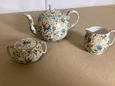 Vintage Old Cottage Tea Pot Creamer Sugar Royal Winton Rare “bird” Theme • $149.99