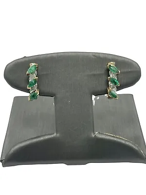 3/4 Ctw Genuine Diamonds & Marquise Emeralds Hoop Earrings 14k Yellow Gold • $219.99