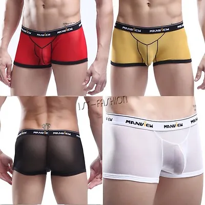 Sexy Mens Sheer Mesh Boxer Brief Underwear See Through Shorts Bikini Swimwear • $5.57