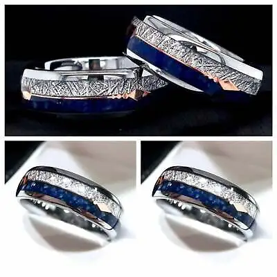 Matching Rings Set Blue Agate Meteorite Ring Wedding Bands Mens Women Ring  • $511