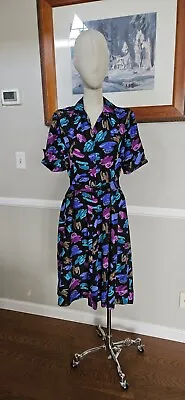Vintage 1980s Silky Multi-color Day Dress With Original Belt • $36