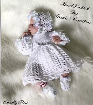 💜 New Hand Knitted Lacy 16”18” Reborn Baby Dress Set  • £18.99