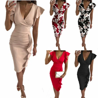 $23.23 • Buy Women's Floral V Neck Wrap Dress Ladies Evening Party Cocktail Bodycon Dresses